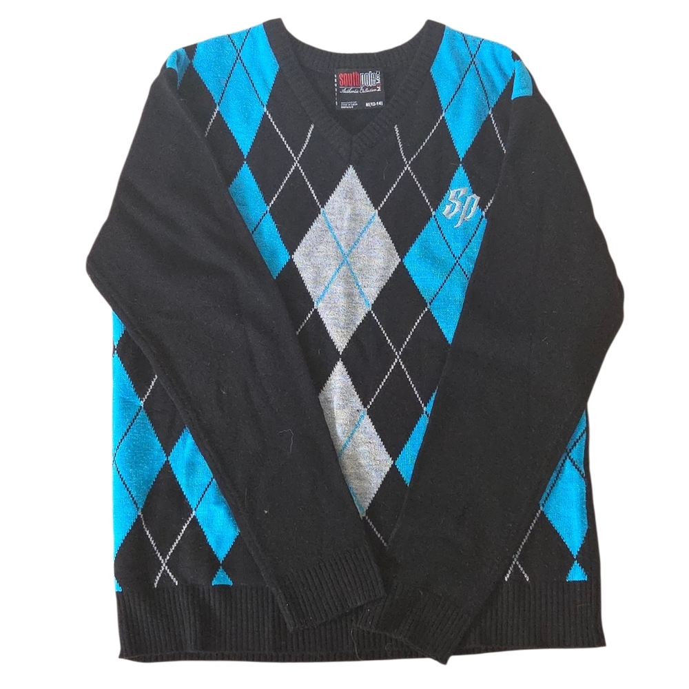 Vintage Y2K South Pole Black and Blue Argyle V-Neck Sweater, Men's Size M